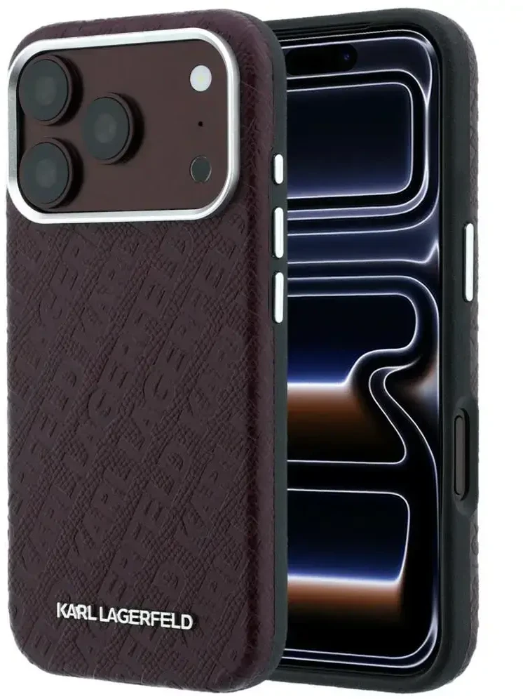 Dėklas Karl Lagerfeld Grained Allover Logo Metal Elongated MagSafe skirtas iPhone 18 Pro / 17 Pro burgundy