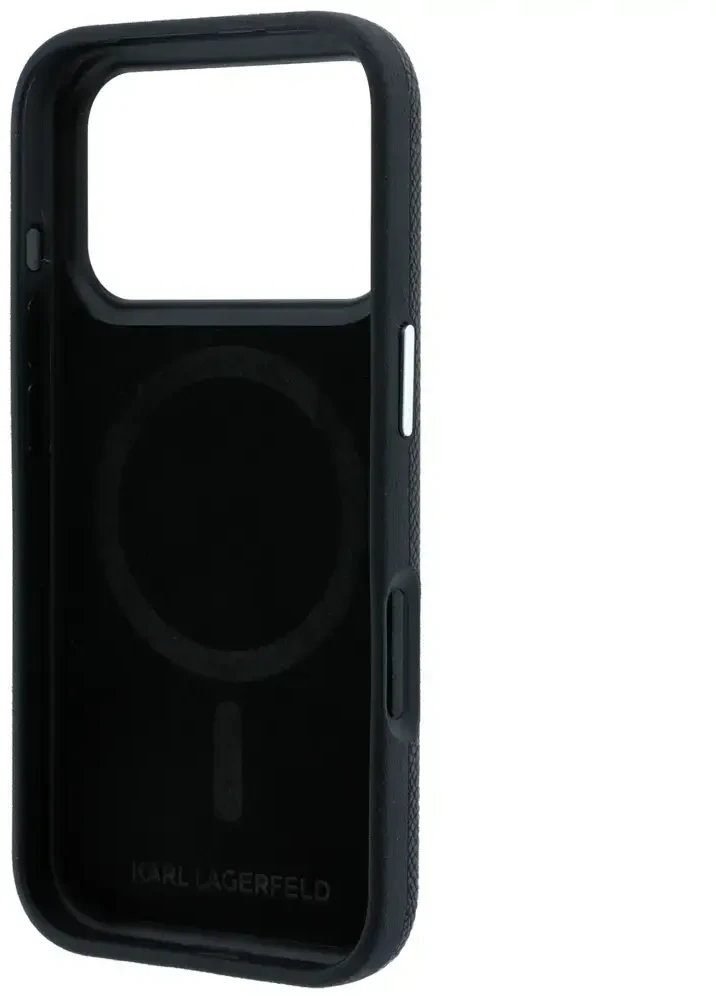Karl Lagerfeld Grūdėtos odos Choupette galvutė Metal MagSafe dėklas, skirtas iPhone 17 Pro Max / 18 Pro Max - Juodas
