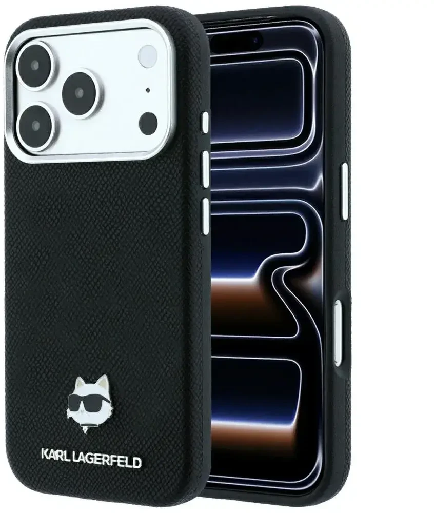 Karl Lagerfeld Grūdėtos odos Choupette galvutė Metal MagSafe dėklas, skirtas iPhone 17 Pro Max / 18 Pro Max - Juodas