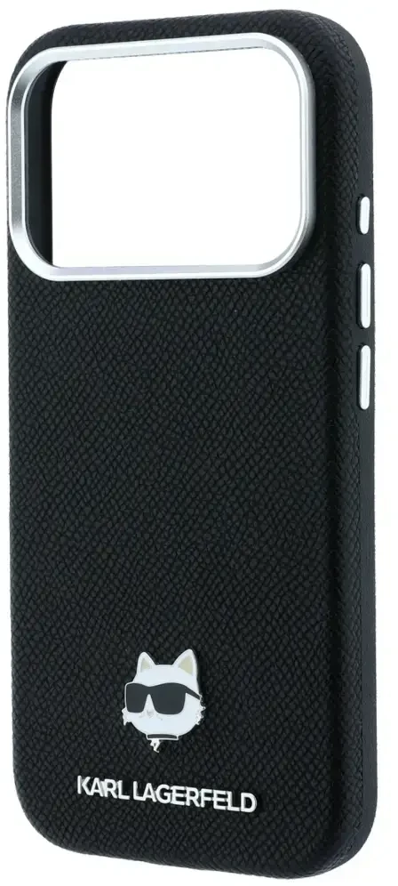 Karl Lagerfeld Grūdėtos odos Choupette galvutė Metal MagSafe dėklas, skirtas iPhone 17 Pro Max / 18 Pro Max - Juodas