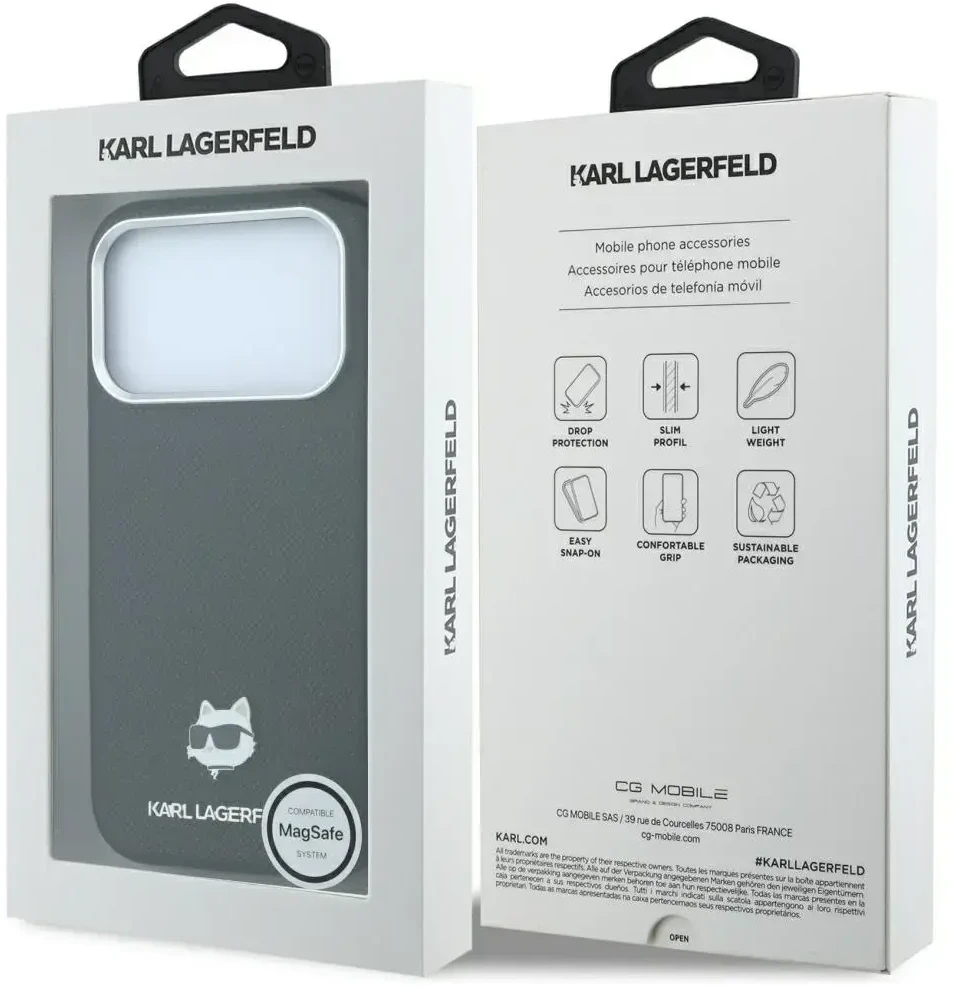 Karl Lagerfeld Grūdėtos odos Choupette galvutė Metal MagSafe dėklas, skirtas iPhone 17 Pro Max / 18 Pro Max - Juodas