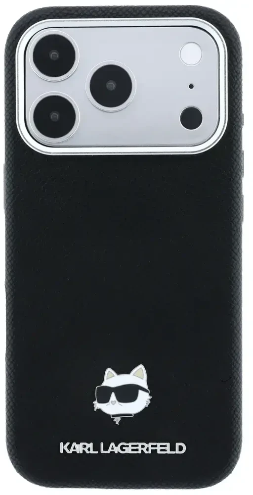 Karl Lagerfeld Grūdėtos odos Choupette galvutė Metal MagSafe dėklas, skirtas iPhone 17 Pro Max / 18 Pro Max - Juodas