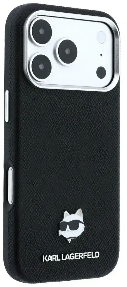Karl Lagerfeld Grūdėtos odos Choupette galvutė Metal MagSafe dėklas, skirtas iPhone 17 Pro Max / 18 Pro Max - Juodas
