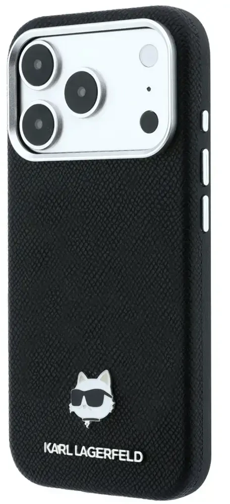 Karl Lagerfeld Grūdėtos odos Choupette galvutė Metal MagSafe dėklas, skirtas iPhone 17 Pro Max / 18 Pro Max - Juodas