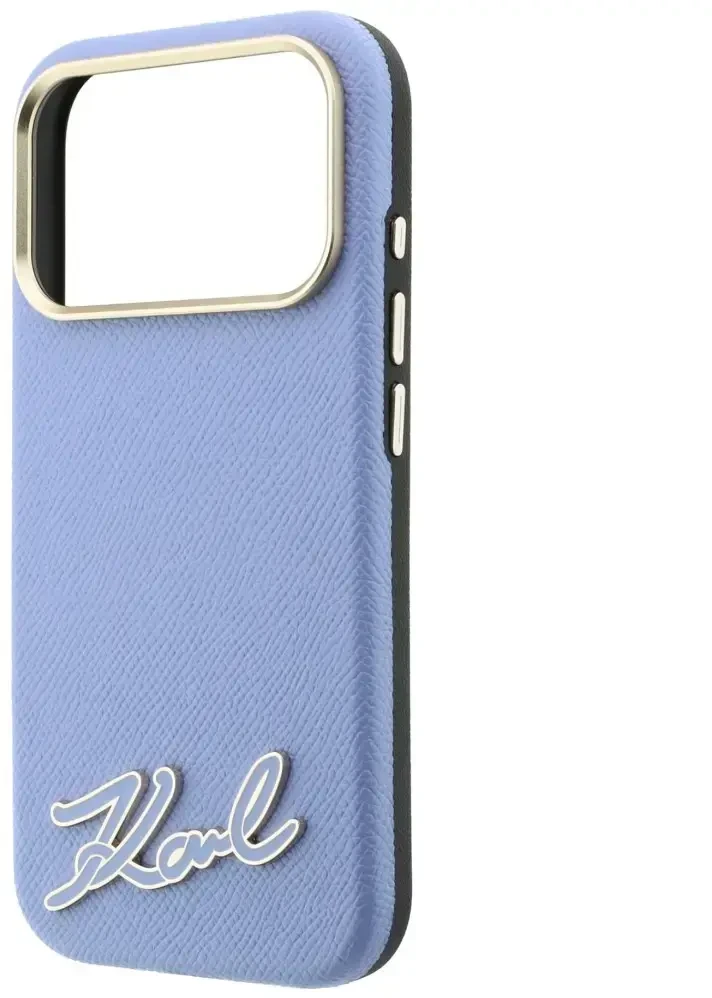 Dėklas Karl Lagerfeld Grained with Resin Signature Logo MagSafe, skirtas iPhone 18 Pro / 17 Pro, šviesiai mėlynas