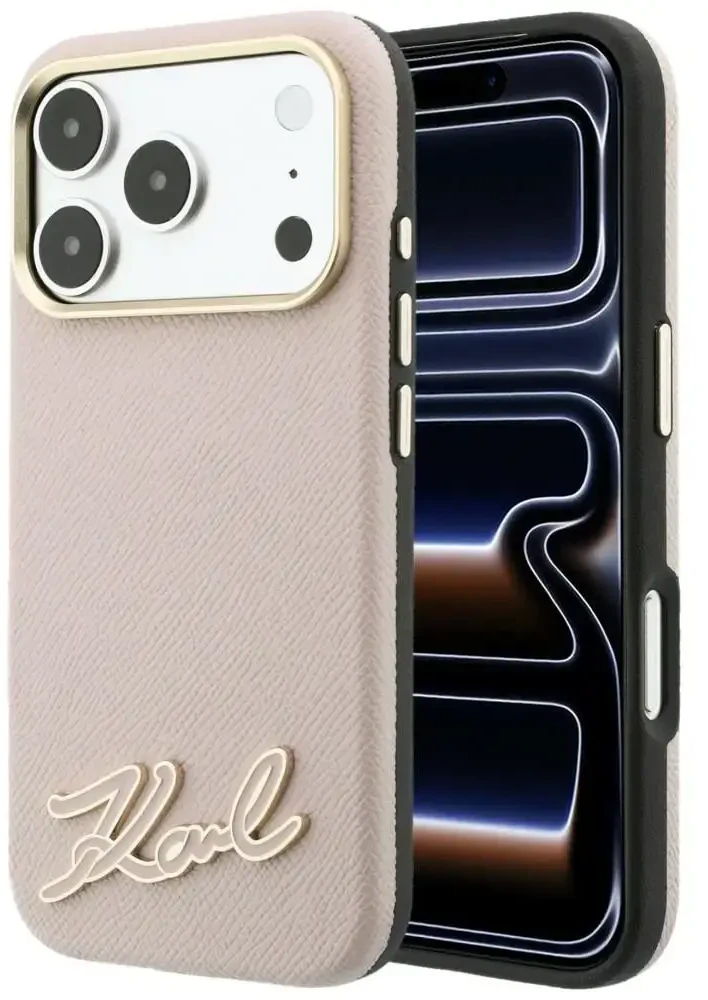 Dėklas Karl Lagerfeld Grained with Resin Signature Logo MagSafe, skirtas iPhone 18 Pro / 17 Pro, rožinis