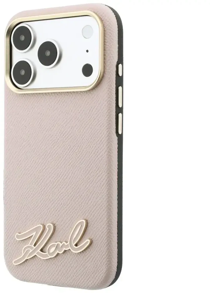 Dėklas Karl Lagerfeld Grained with Resin Signature Logo MagSafe, skirtas iPhone 18 Pro / 17 Pro, rožinis