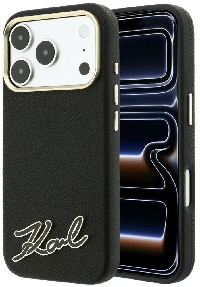 Dėklas Karl Lagerfeld Grained with Resin Signature Logo MagSafe do iPhone 18 Pro / 17 Pro juoda