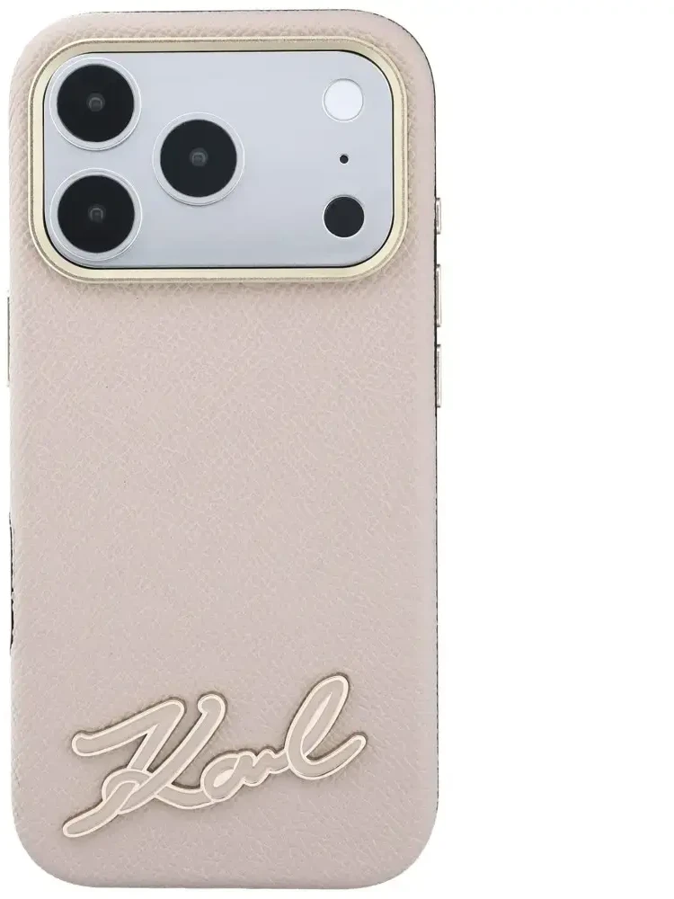Dėklas Karl Lagerfeld Grained with Resin Signature Logo MagSafe, skirtas iPhone 18 Pro / 17 Pro, rožinis