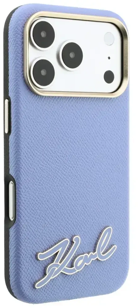 Dėklas Karl Lagerfeld Grained with Resin Signature Logo MagSafe, skirtas iPhone 18 Pro / 17 Pro, šviesiai mėlynas