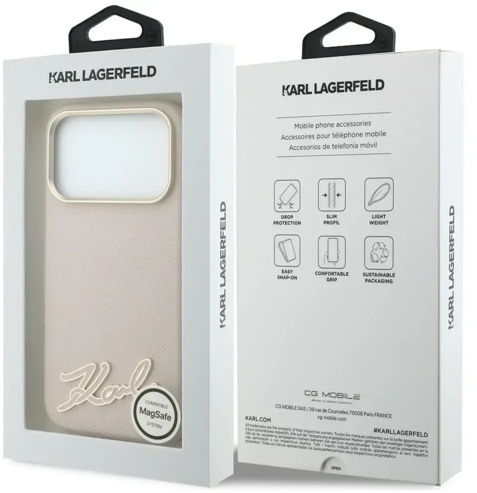 Dėklas Karl Lagerfeld Grained with Resin Signature Logo MagSafe, skirtas iPhone 18 Pro / 17 Pro, rožinis