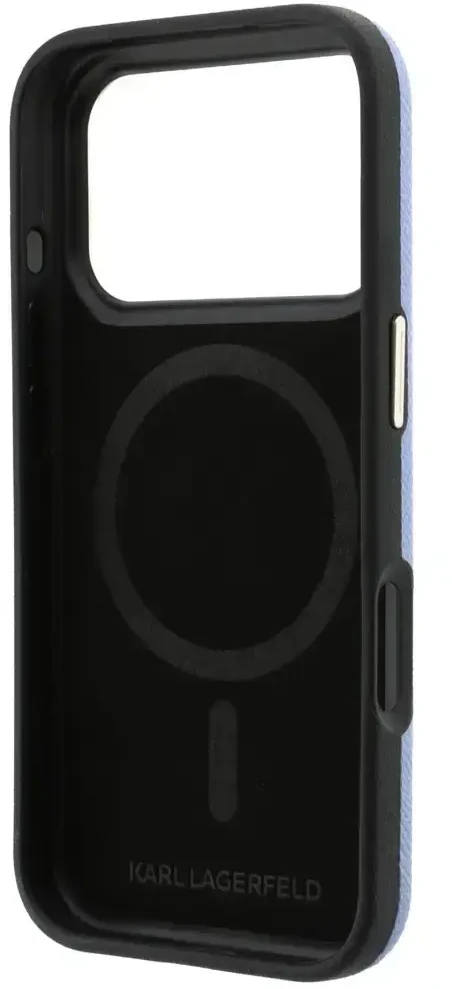 Dėklas Karl Lagerfeld Grained with Resin Signature Logo MagSafe, skirtas iPhone 18 Pro / 17 Pro, šviesiai mėlynas