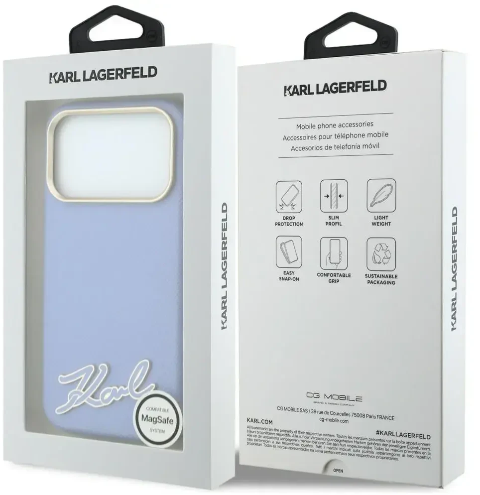 Dėklas Karl Lagerfeld Grained with Resin Signature Logo MagSafe, skirtas iPhone 18 Pro / 17 Pro, šviesiai mėlynas