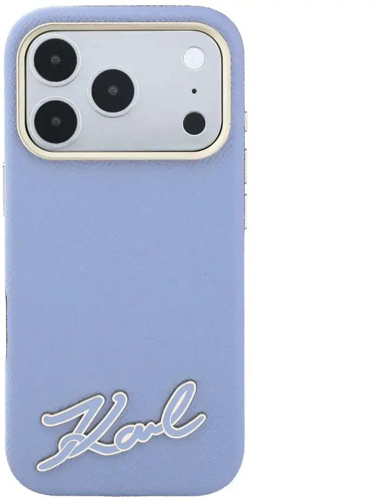 Dėklas Karl Lagerfeld Grained with Resin Signature Logo MagSafe, skirtas iPhone 18 Pro / 17 Pro, šviesiai mėlynas