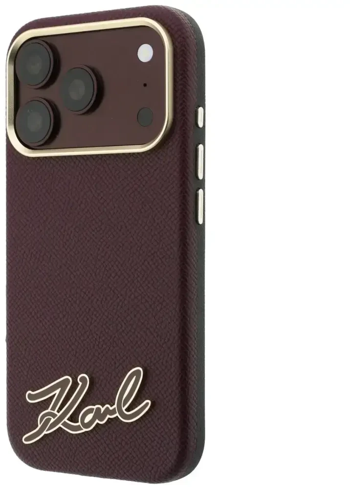Dėklas Karl Lagerfeld Grained with Resin Signature Logo MagSafe, skirtas iPhone 18 Pro / 17 Pro, bordo spalvos
