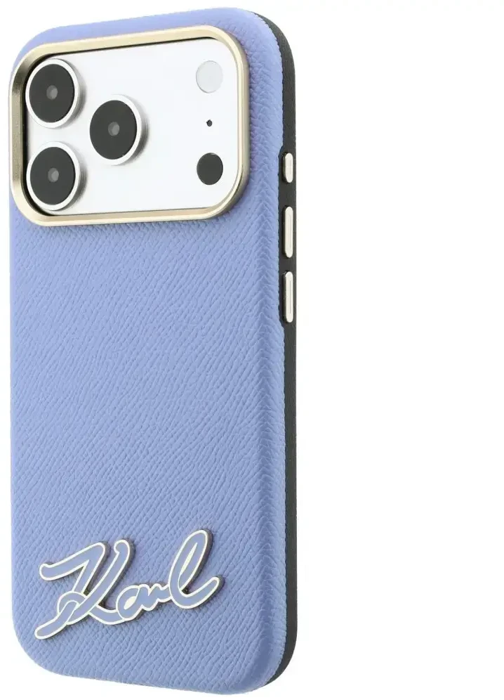 Dėklas Karl Lagerfeld Grained with Resin Signature Logo MagSafe, skirtas iPhone 18 Pro / 17 Pro, šviesiai mėlynas