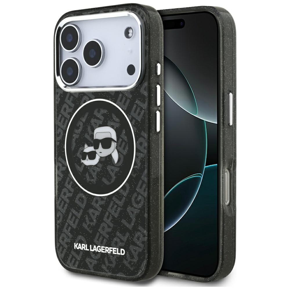 Karl Lagerfeld IML Glitter Karl & Choupette Heads Logo MagSafe - dėklas skirtas Apple iPhone 17 Pro juodas