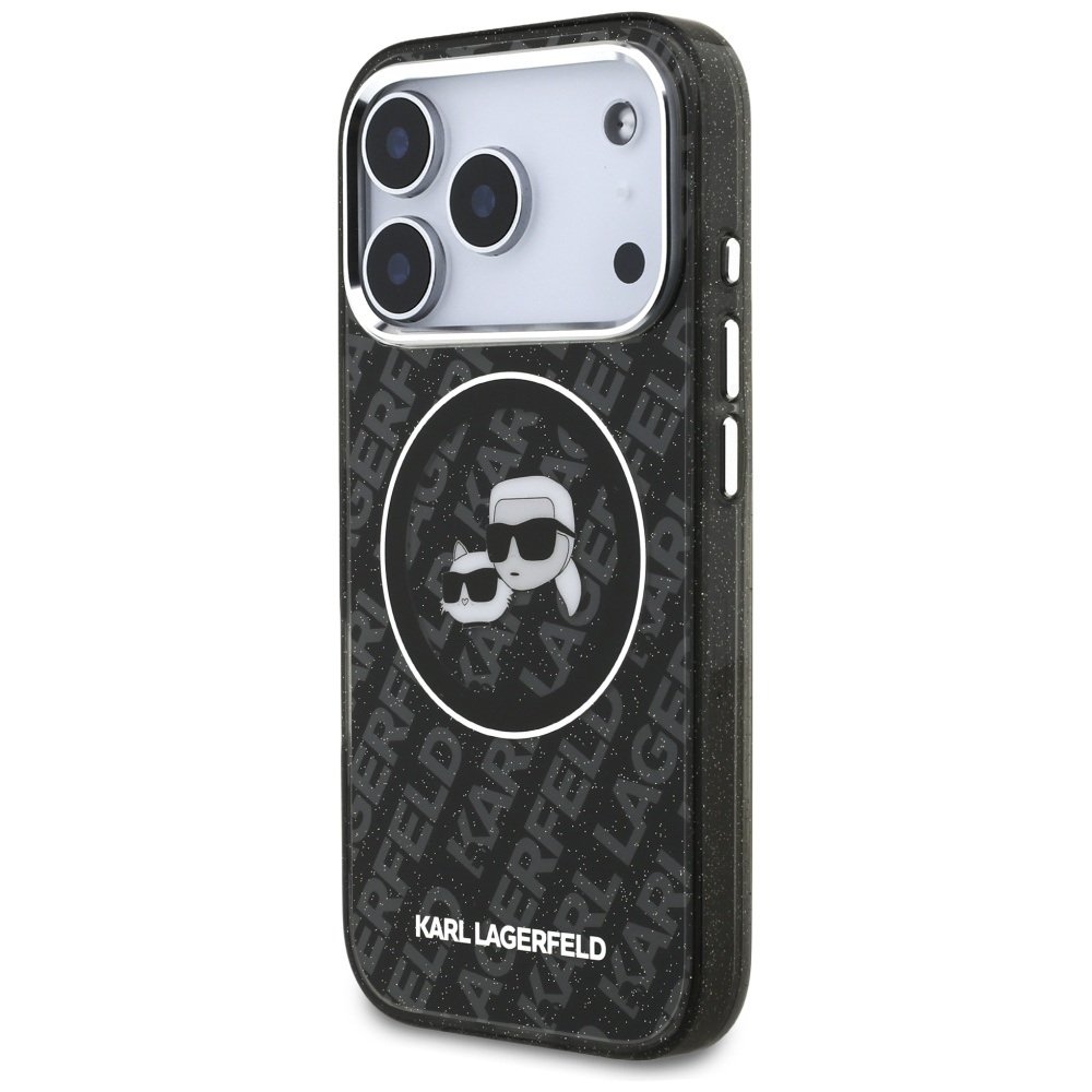 Karl Lagerfeld IML Glitter Karl & Choupette Heads Logo MagSafe - dėklas skirtas Apple iPhone 17 Pro juodas