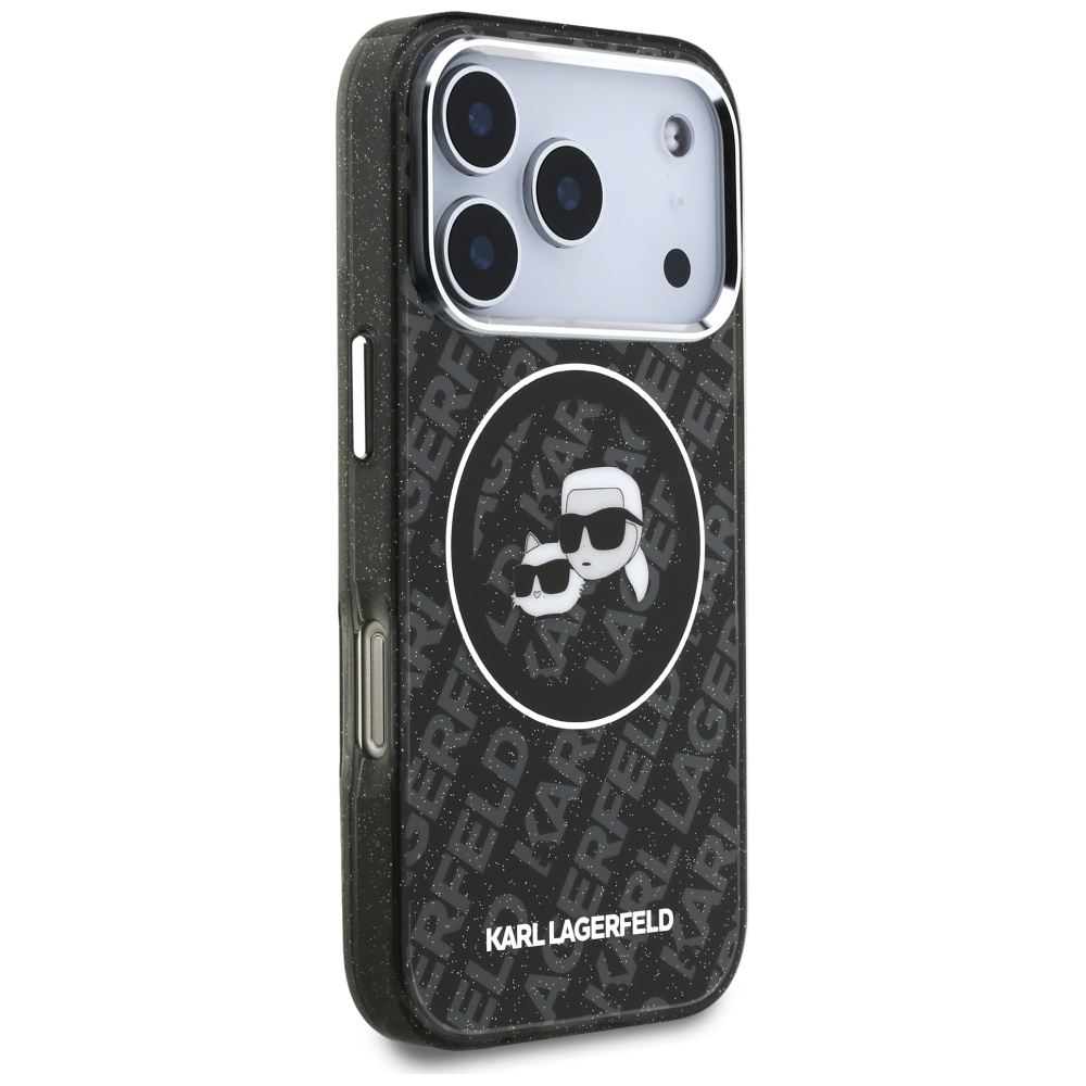 Karl Lagerfeld IML Glitter Karl & Choupette Heads Logo MagSafe - dėklas skirtas Apple iPhone 17 Pro juodas