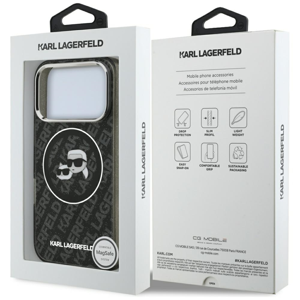 Karl Lagerfeld IML Glitter Karl & Choupette Heads Logo MagSafe - dėklas skirtas Apple iPhone 17 Pro juodas