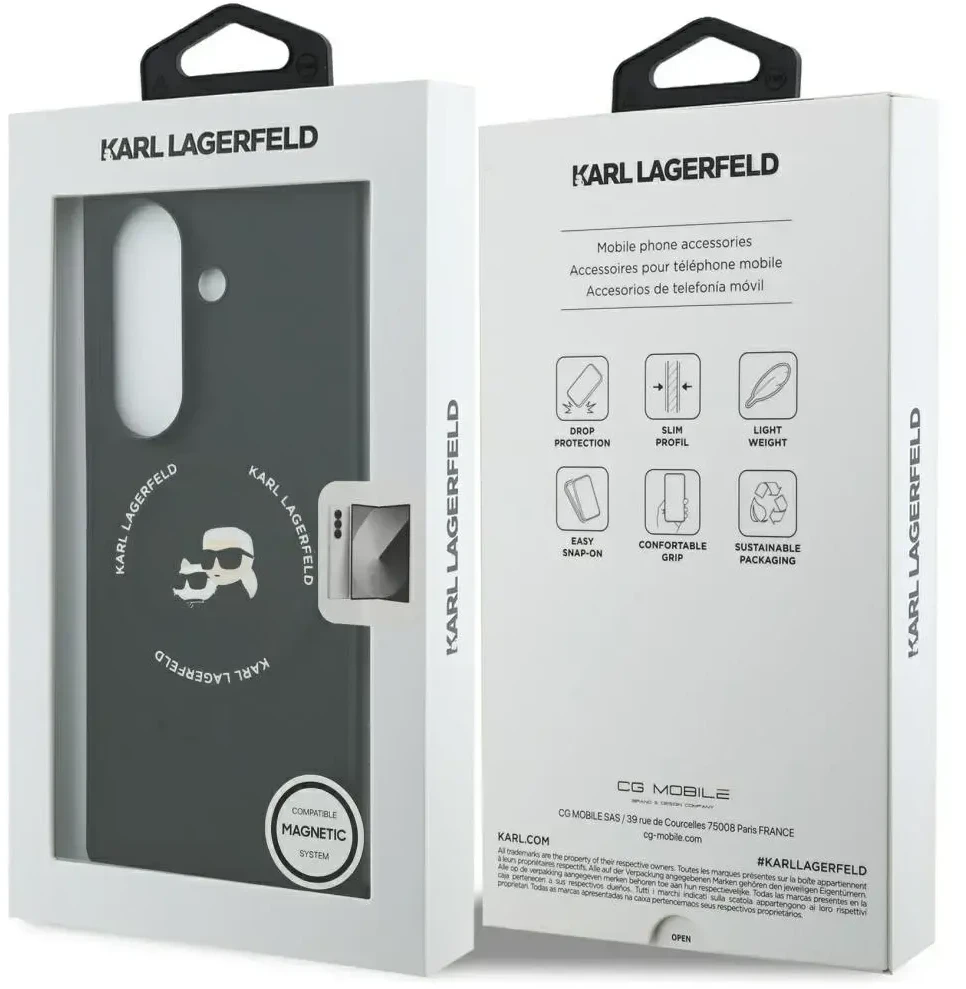 Karl Lagerfeld PU Karl and Choupette Heads Magnetic dėklas skirtas Samsung Galaxy Z Fold 7 juodos spalvos