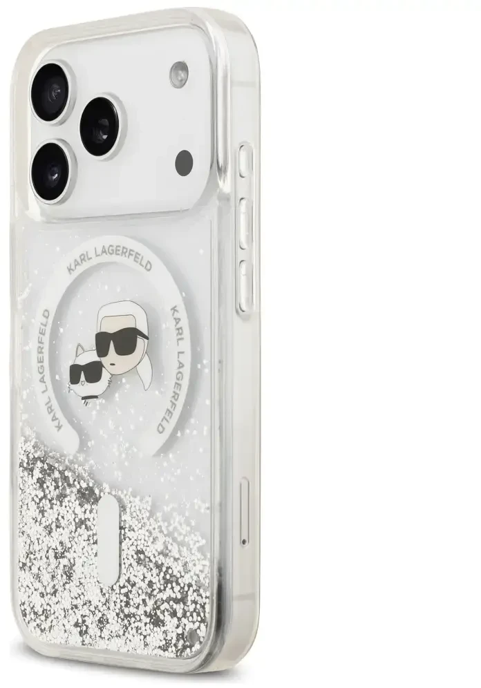 Dėklas Karl Lagerfeld Liquid Glitter Karl&Choupette Heads MagSafe do iPhone 18 Pro Max / 17 Pro Max przezorczysty