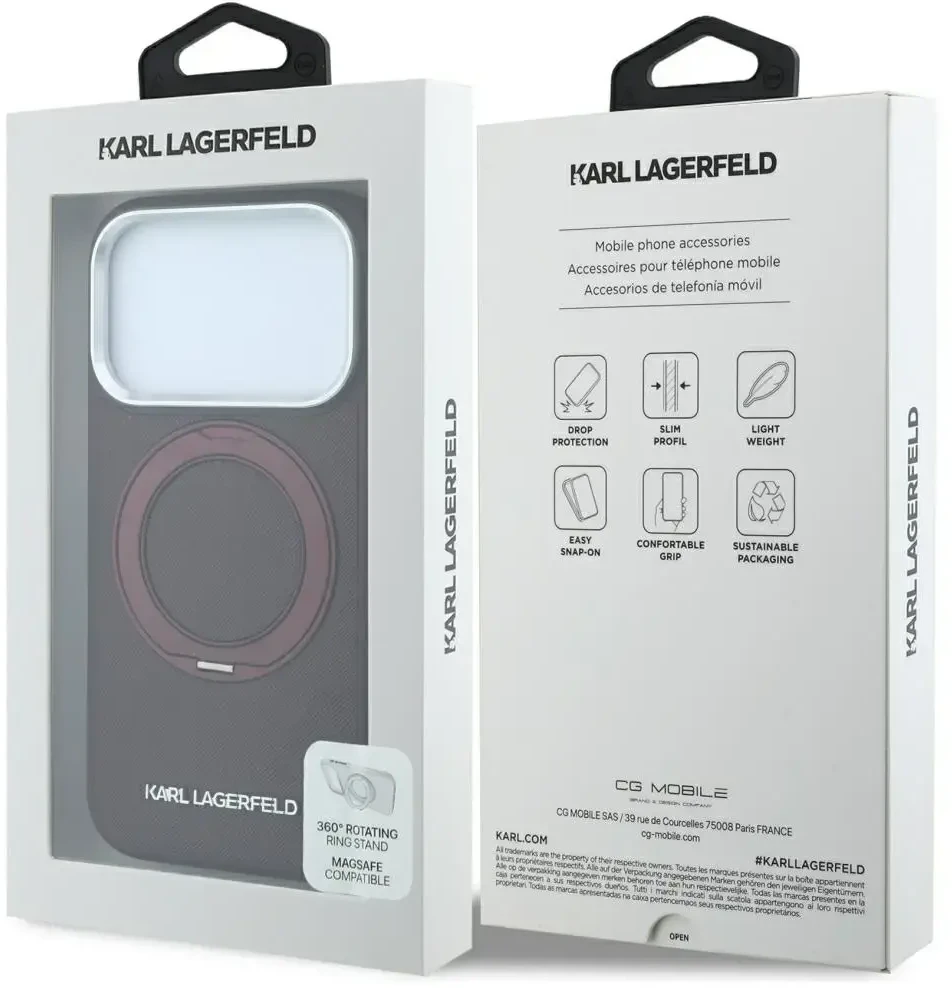 Dėklas Karl Lagerfeld Ring Stand 360 Saffiano Classic Logo MagSafe do iPhone 18 Pro Max / 17 Pro Max bordo spalvos