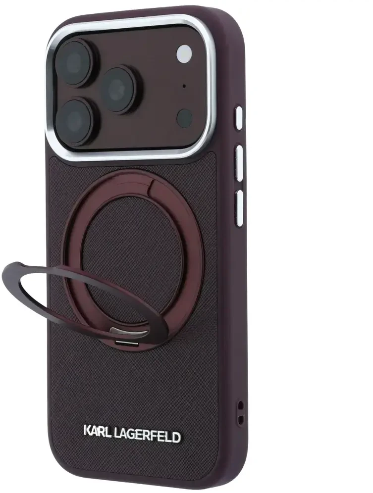 Dėklas Karl Lagerfeld Ring Stand 360 Saffiano Classic Logo MagSafe do iPhone 18 Pro Max / 17 Pro Max bordo spalvos
