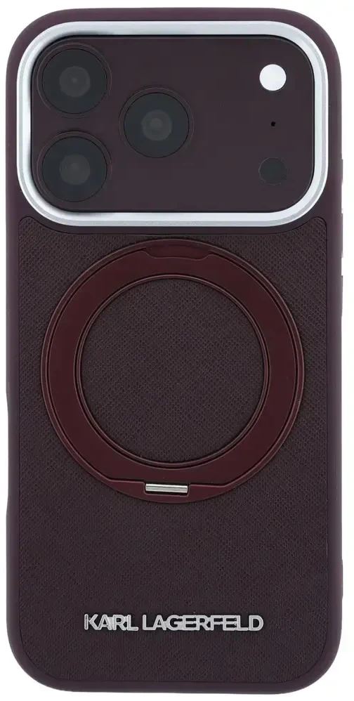 Dėklas Karl Lagerfeld Ring Stand 360 Saffiano Classic Logo MagSafe do iPhone 18 Pro Max / 17 Pro Max bordo spalvos
