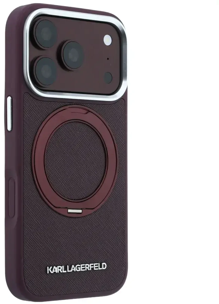 Dėklas Karl Lagerfeld Ring Stand 360 Saffiano Classic Logo MagSafe do iPhone 18 Pro Max / 17 Pro Max bordo spalvos