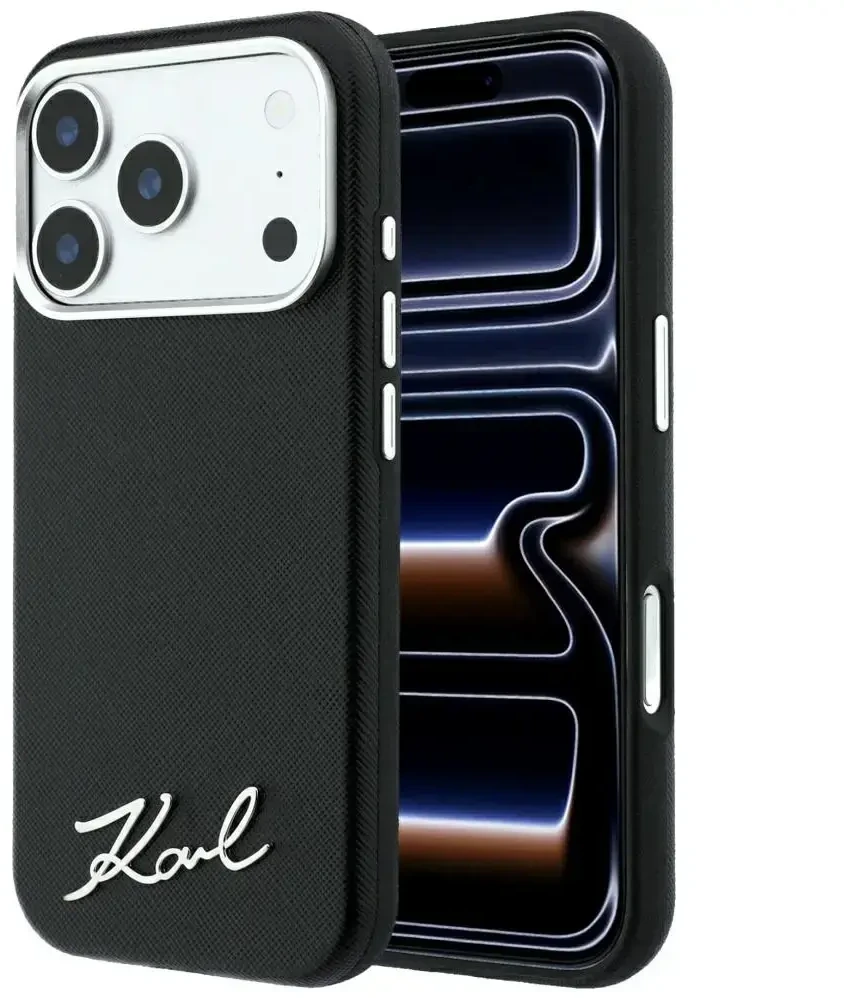 Dėklas Karl Lagerfeld Saffiano Small Script Metal Logo MagSafe Case for iPhone 17 Pro Max / 18 Pro Max - Juodas