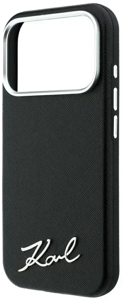 Dėklas Karl Lagerfeld Saffiano Small Script Metal Logo MagSafe Case for iPhone 17 Pro Max / 18 Pro Max - Juodas