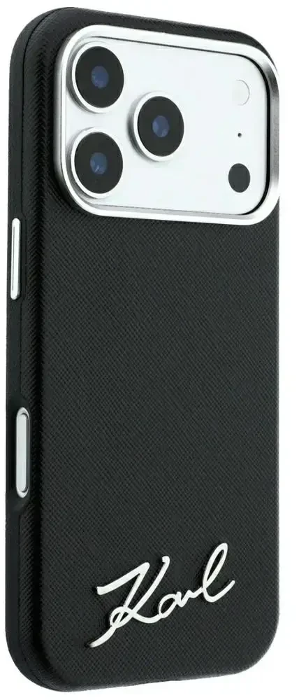 Dėklas Karl Lagerfeld Saffiano Small Script Metal Logo MagSafe Case for iPhone 17 Pro Max / 18 Pro Max - Juodas