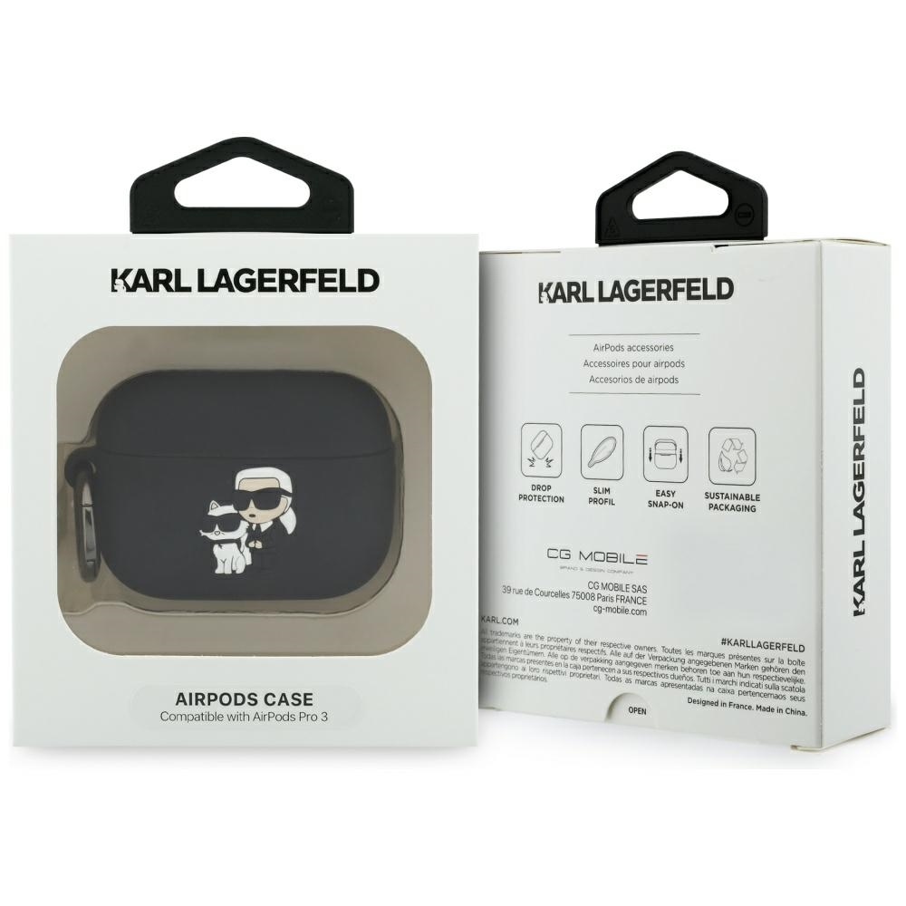 Karl Lagerfeld 3D Logo NFT Karl and Choupette silikoninis dėklas skirtas AirPods Pro 3 juodos spalvos