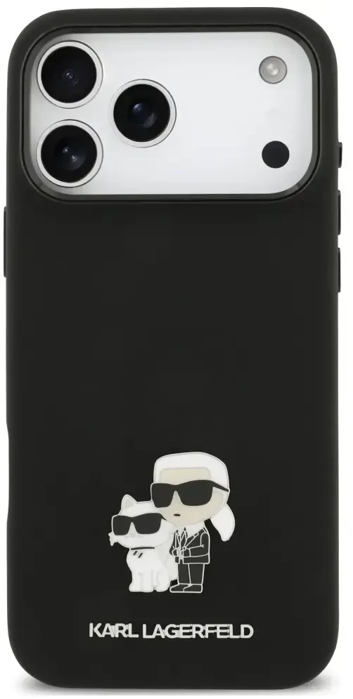 Dėklas Karl Lagerfeld Silicone Karl&Choupette Metal Pin iPhone 18 Pro Max / 17 Pro Max juoda