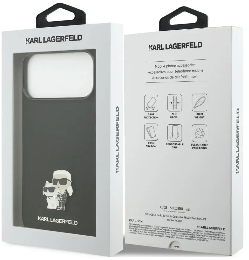 Dėklas Karl Lagerfeld Silicone Karl&Choupette Metal Pin iPhone 18 Pro Max / 17 Pro Max juoda