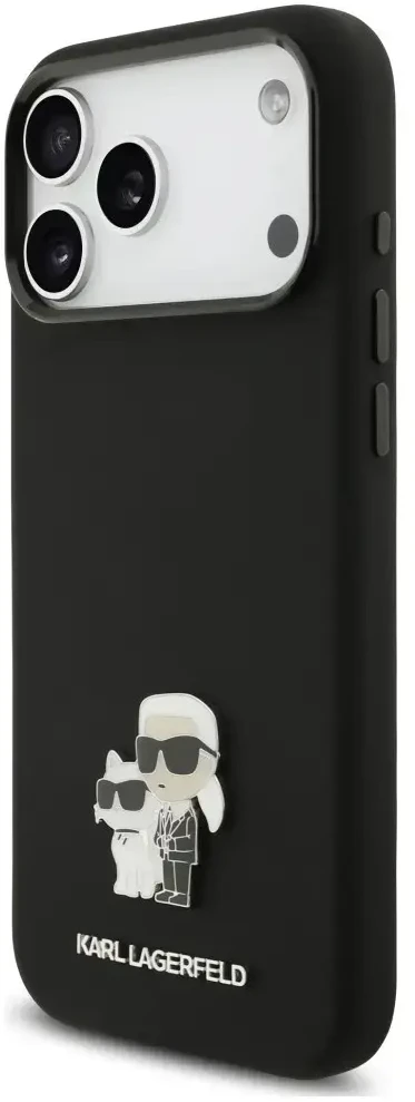 Dėklas Karl Lagerfeld Silicone Karl&Choupette Metal Pin iPhone 18 Pro Max / 17 Pro Max juoda
