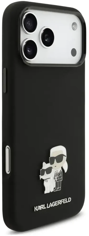 Dėklas Karl Lagerfeld Silicone Karl&Choupette Metal Pin iPhone 18 Pro Max / 17 Pro Max juoda