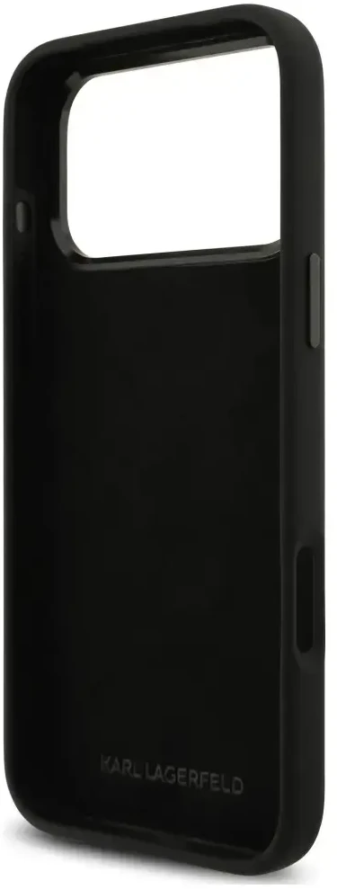 Dėklas Karl Lagerfeld Silicone Karl&Choupette Metal Pin iPhone 18 Pro Max / 17 Pro Max juoda