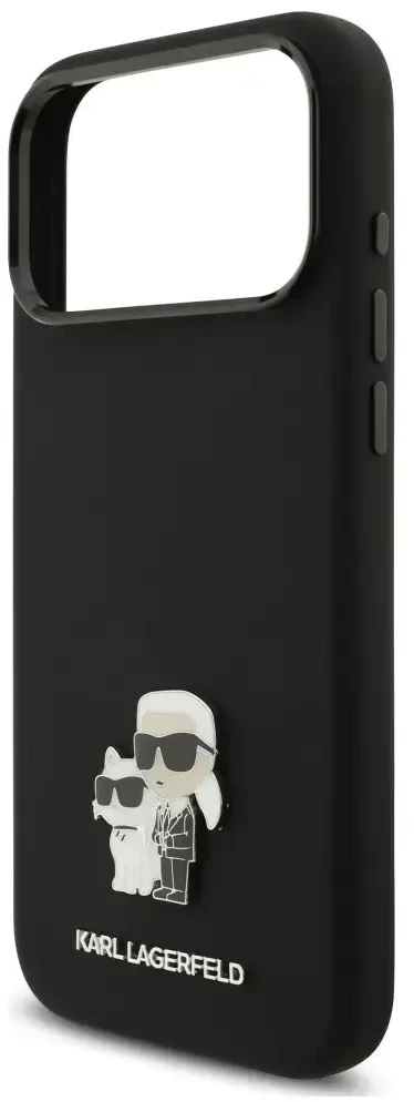 Dėklas Karl Lagerfeld Silicone Karl&Choupette Metal Pin iPhone 18 Pro Max / 17 Pro Max juoda