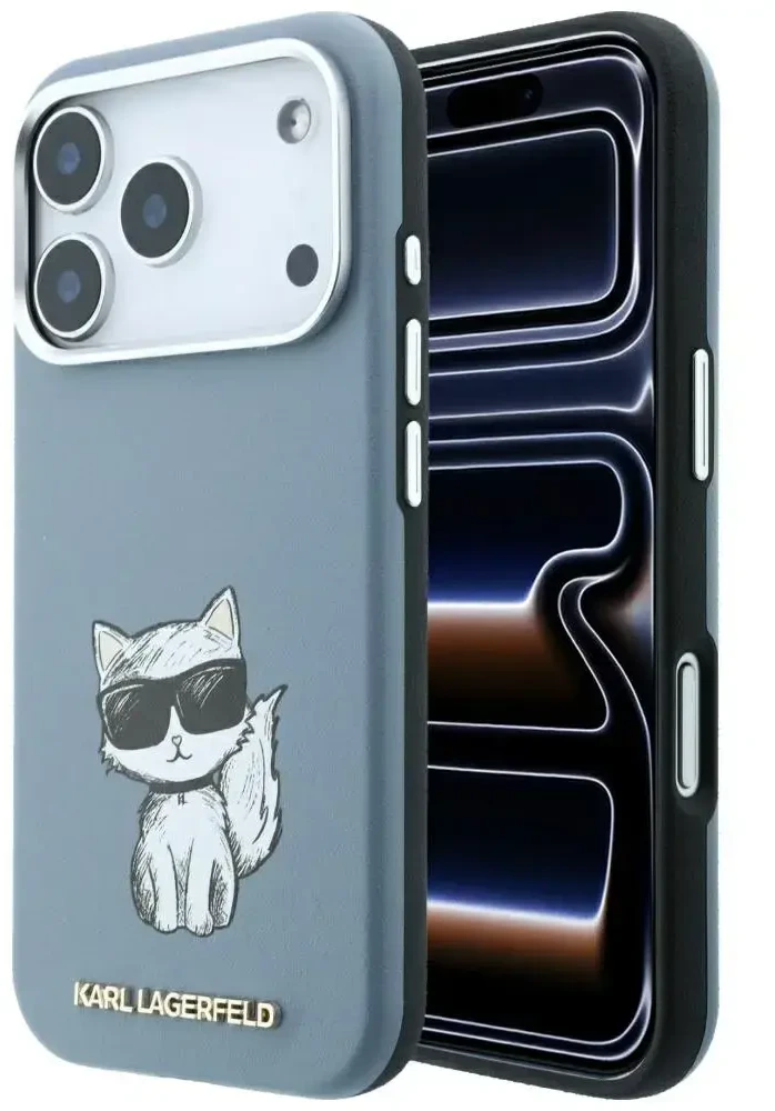 Dėklas Karl Lagerfeld Smooth Choupette Sketch MagSafe do iPhone 18 Pro / 17 Pro Šviesiai mėlynas