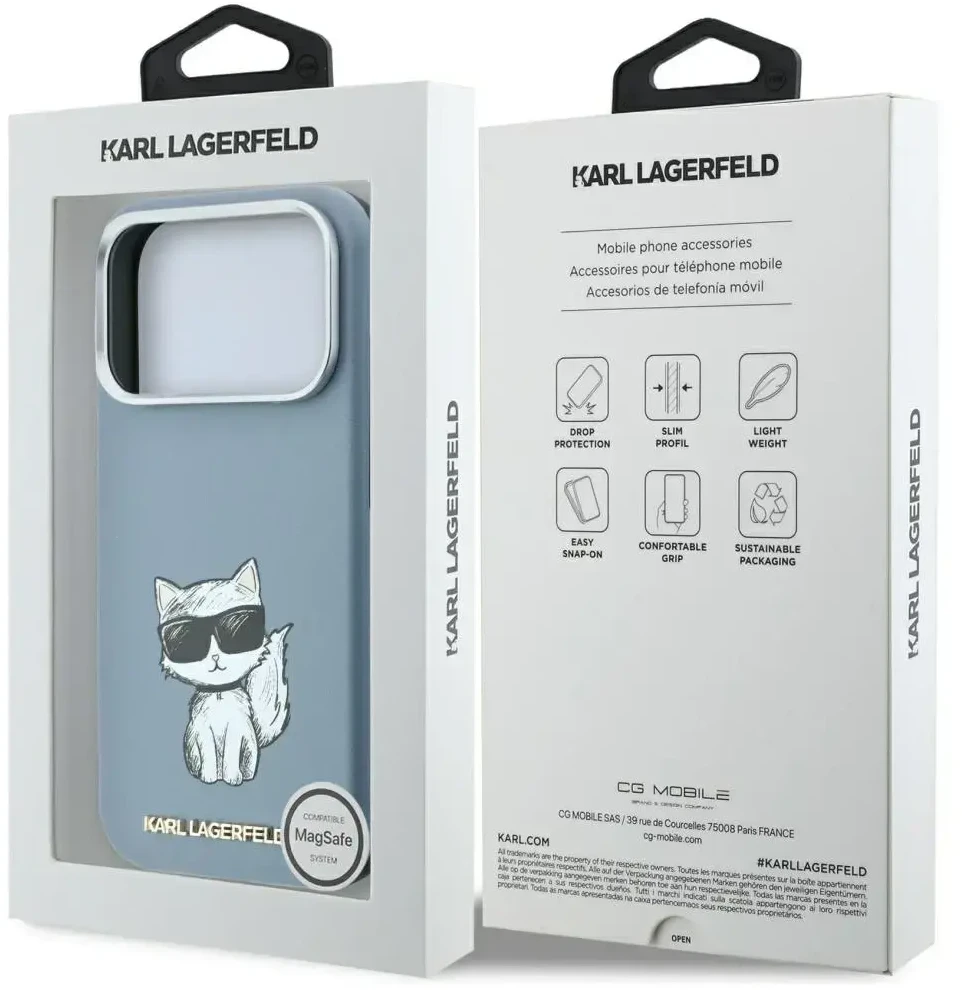 Dėklas Karl Lagerfeld Smooth Choupette Sketch MagSafe do iPhone 18 Pro / 17 Pro Šviesiai mėlynas