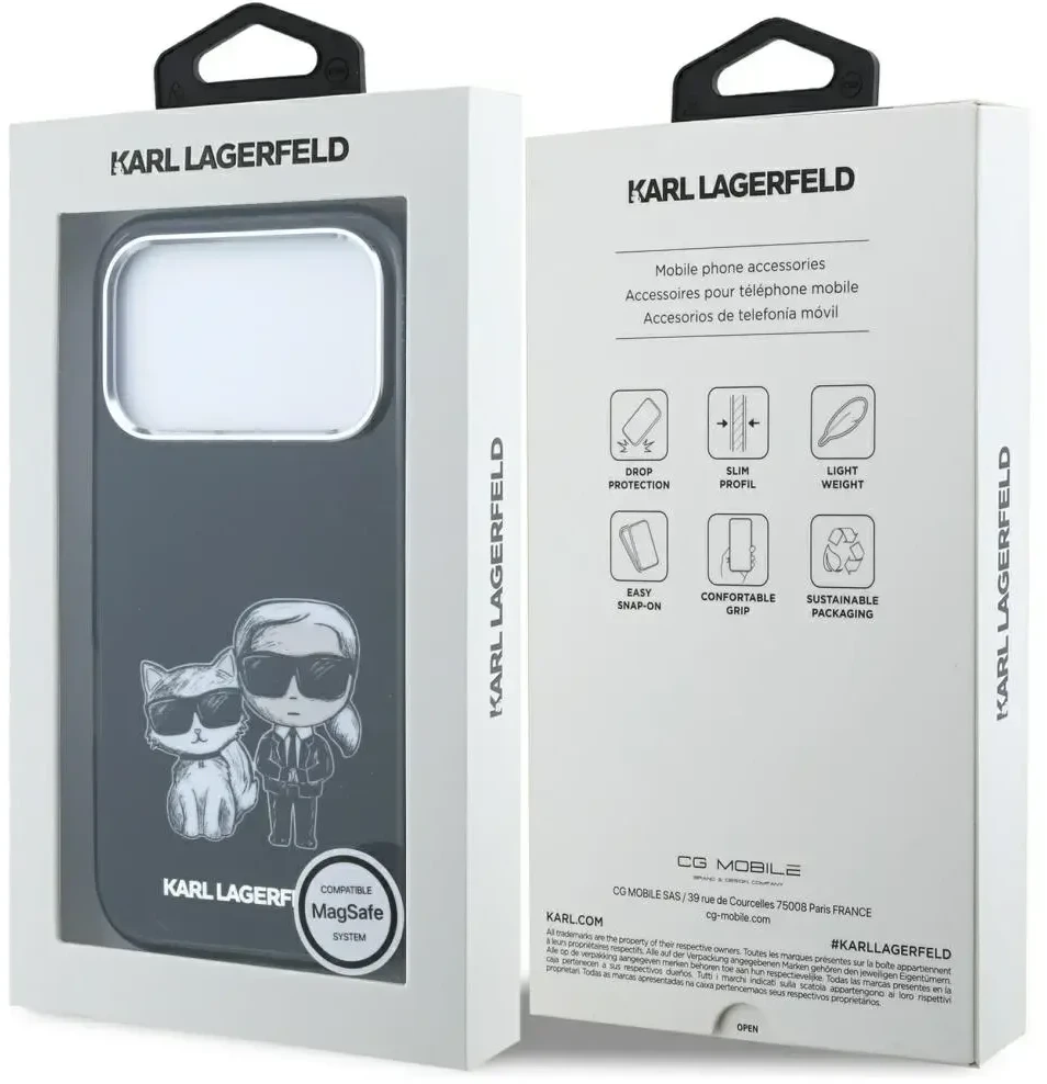 Dėklas Karl Lagerfeld Smooth Karl & Choupette Bodies Sketch MagSafe do iPhone 18 Pro / 17 Pro juoda
