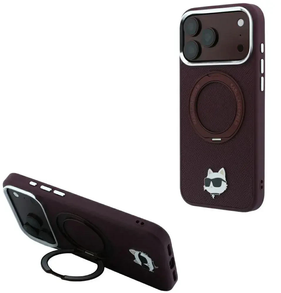 Dėklas Karl Lagerfeld with Ring Stand 360 Choupette Head Pin MagSafe do iPhone 18 Pro / 17 Pro bordo spalvos