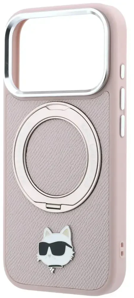 Dėklas Karl Lagerfeld with Ring Stand 360 Choupette Head Pin MagSafe do iPhone 18 Pro Max / 17 Pro Max rožinė