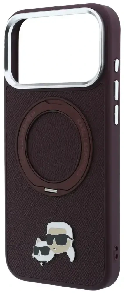 Dėklas Karl Lagerfeld with Ring Stand 360 Karl & Choupette Heads Pin MagSafe do iPhone 18 Pro / 17 Pro bordo spalvos