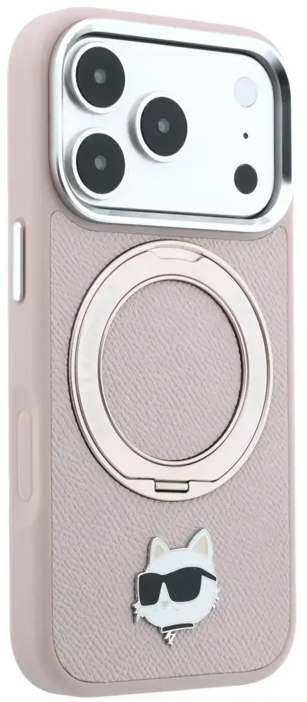 Dėklas Karl Lagerfeld with Ring Stand 360 Choupette Head Pin MagSafe do iPhone 18 Pro / 17 Pro rožinė
