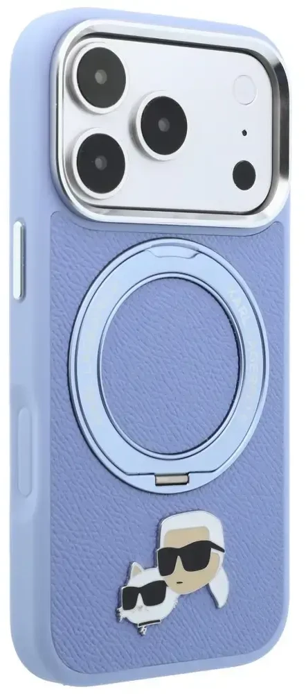 Dėklas Karl Lagerfeld su 360° žiediniu stovu Karl & Choupette Heads Pin MagSafe, skirtas iPhone 18 Pro/17 Pro