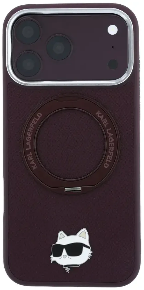 Dėklas Karl Lagerfeld with Ring Stand 360 Choupette Head Pin MagSafe do iPhone 18 Pro / 17 Pro bordo spalvos