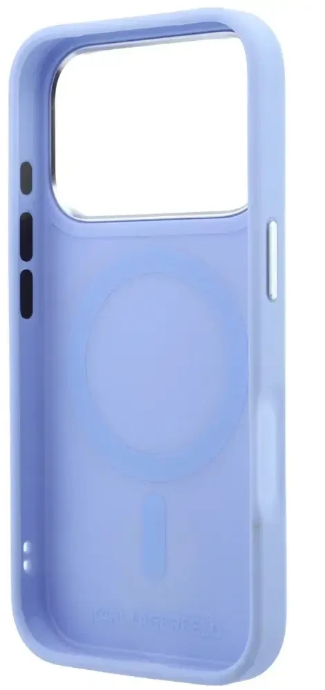Dėklas Karl Lagerfeld su žiediniu stovu 360 Karl Head Pin MagSafe, skirtas iPhone 18 Pro / 17 Pro, šviesiai mėlynas